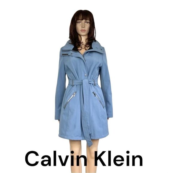 Calvin Klein Blue Soft Shell Tie Waist Hood Zip Pockets Trench Coat Jacket 8 - Picture 1 of 14